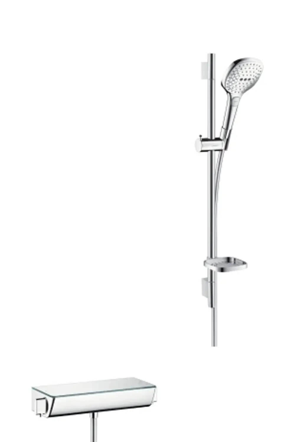 Hansgrohe Brausesystem mit Handbrause und Thermostat. Die Wandmontage umfasst eine Brausestange und eine Ablagefläche. Chromoberfläche.
